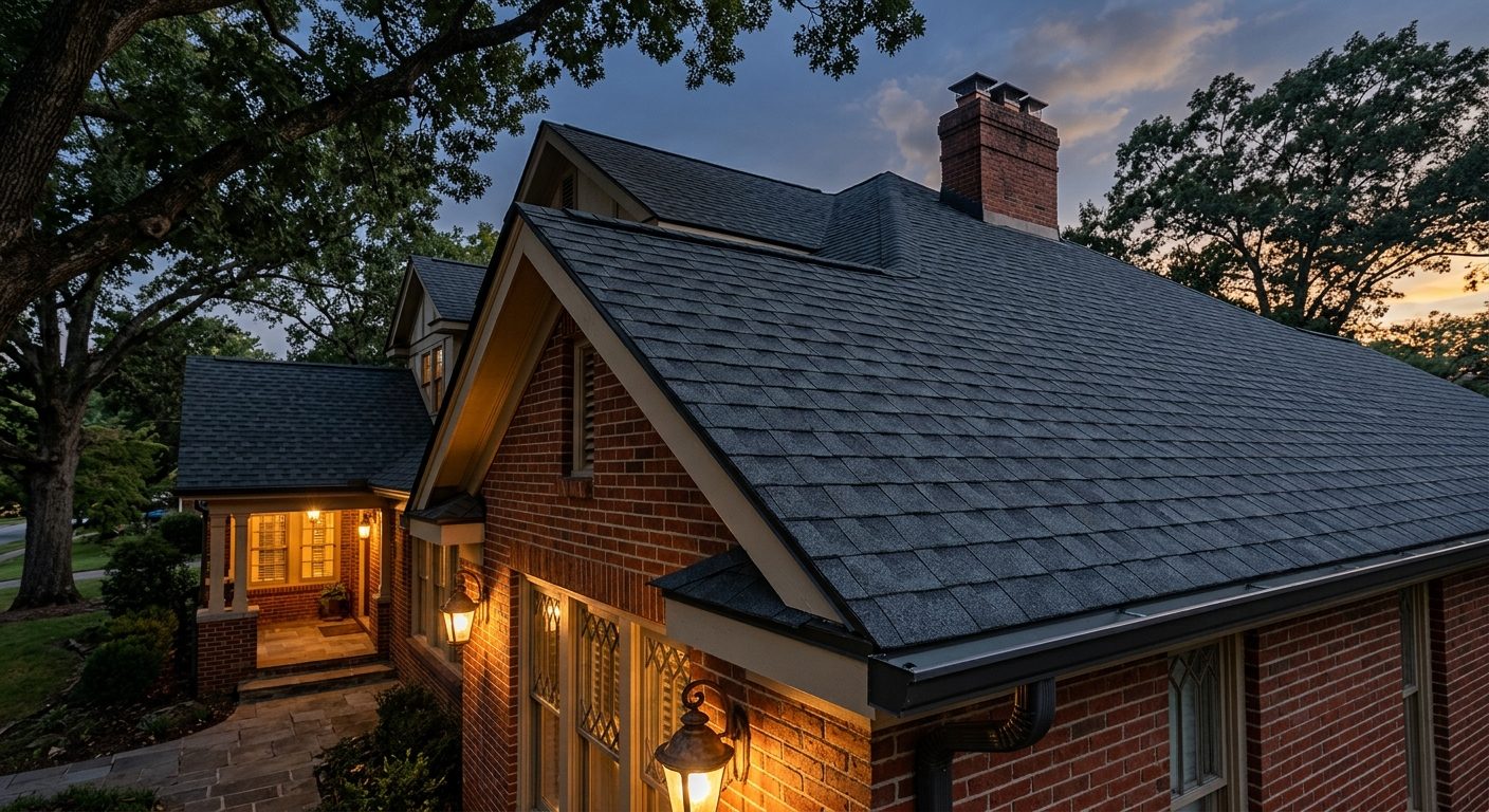 Craftsman brick home with a newly installed roof at dusk